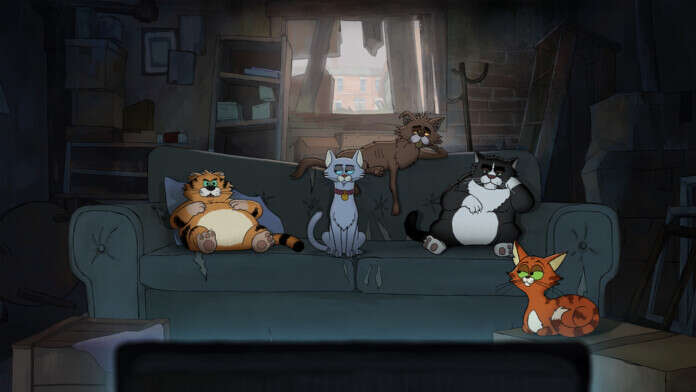 "Five animated cats lounge on a worn couch in a shadowy, cluttered room, watching something intently, with light from a TV illuminating them, creating a cozy yet rundown and slightly somber atmosphere."