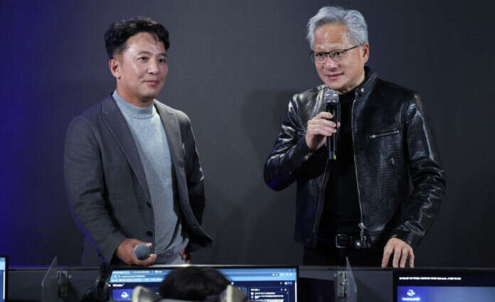 O Co-CEO da NC, Taekjin Kim, e o fundador e CEO da NVIDIA, Jensen Huang