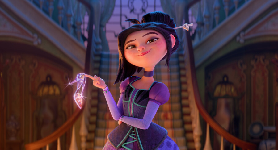 "Animated girl in a purple dress stands confidently in a grand, ornately decorated hall, holding a sparkling magical wand in one hand. Elegant staircases frame the background, and warm lighting creates a whimsical atmosphere."