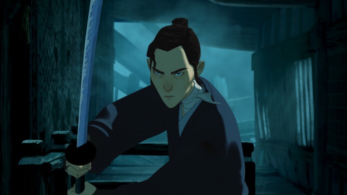 50_bes_202_R "Animated person with a sword in a dark, abandoned wooden structure, blue lighting highlighting intense expression, ready for battle or confrontation in a tense, atmospheric scene."