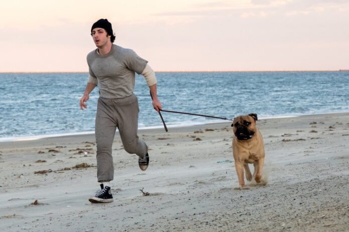 Cena de Eu Sou o Rocky com protagonista correndo na praia acompanhado de um cachorro.