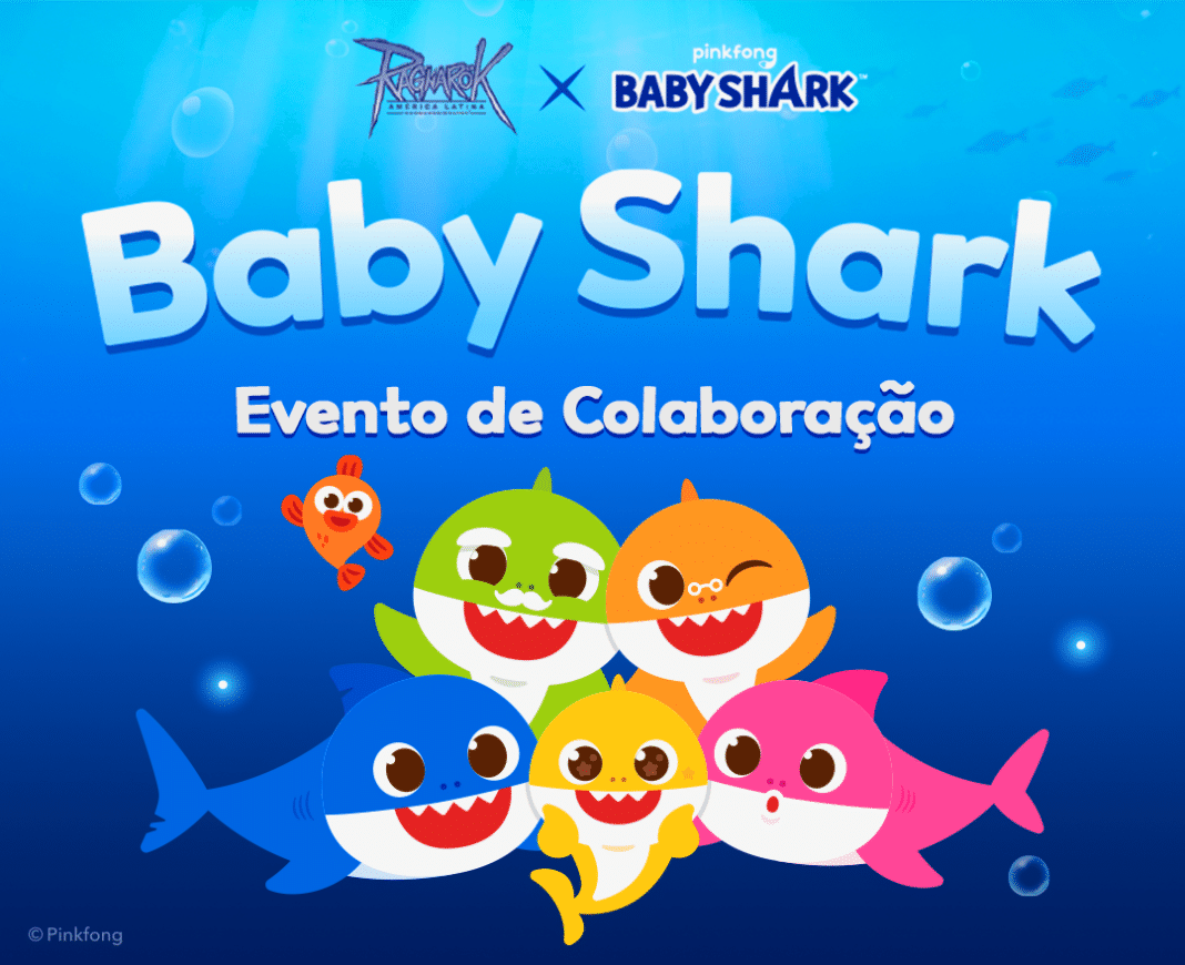 Arte da colaboração entre Ragnarök Online LATAM e Baby Shark, com a Família Tubarão em fundo azul.