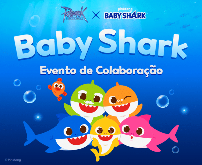 Arte da colaboração entre Ragnarök Online LATAM e Baby Shark, com a Família Tubarão em fundo azul.