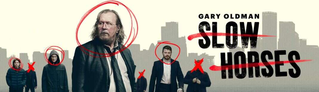 Arte de Slow Horses com Gary Oldman e integrantes do elenco.