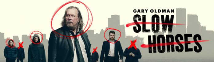 Arte de Slow Horses com Gary Oldman e integrantes do elenco.
