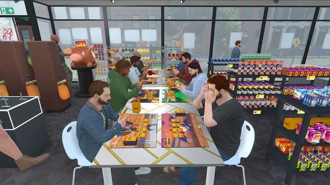 Jogadores disputam partidas de cartas dentro da loja em TCG Card Shop Simulator.