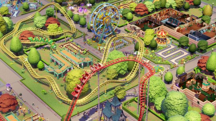 Parque de diversões com montanhas-russas e roda-gigante no DLC Rides and Relics de Two Point Museum.