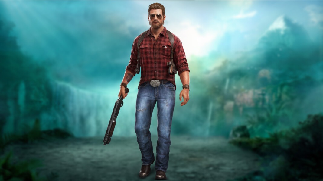 Larson Conway em Tomb Raider: Legacy of Atlantis, usando camisa vermelha e óculos escuros diante de ruínas.