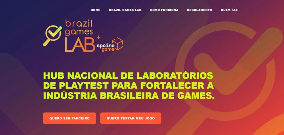 Identidade visual do Brazil Games Lab e Spcine Game com chamada para testar jogos.
