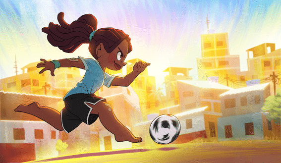 Protagonista do curta Esperança jogando futebol diante de uma comunidade carioca